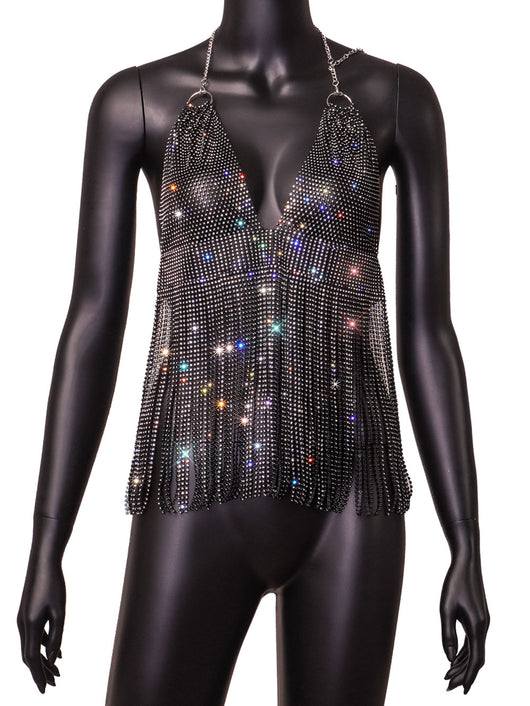 Camiseta Ajustada con Espalda de Malla, Cristales y Borlas Estilo Europeo - Image 11