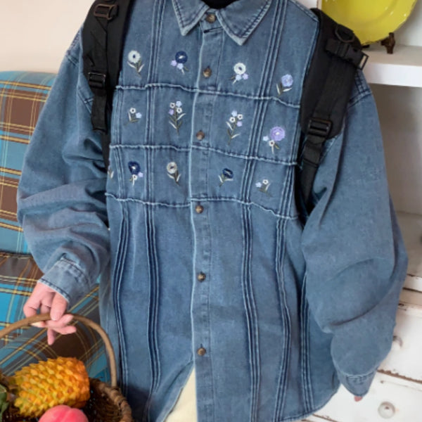 Camisa Denim Vintage Plisada Floral Lavado Clásico Manga Larga - Image 5