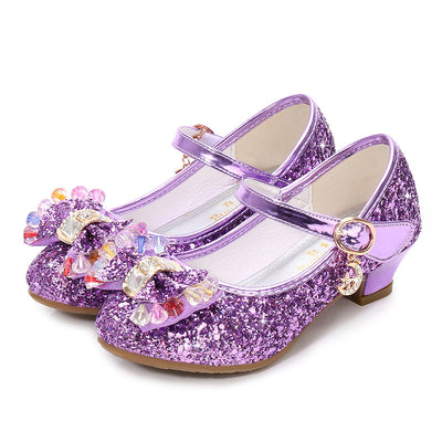 Red glitter Mary Jane shoes for girls with a decorative bow, clear and pink crystals, and a moon and star charm. - Image 6