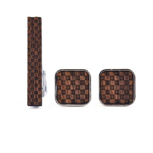 Set de Gemelos y Clip de Corbata Cuadrado con Patrón Reticular