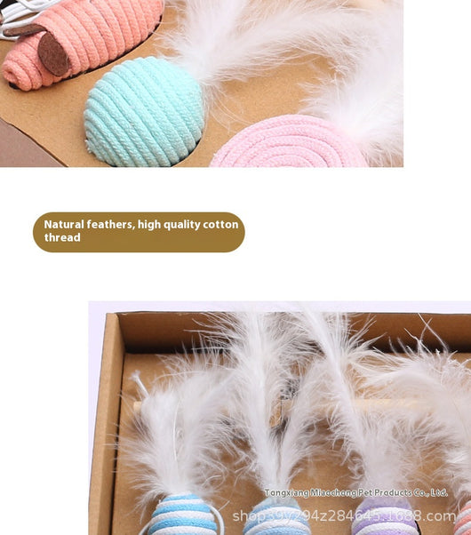 7-piece cat toy gift set with mouse, feather wands, and string-wrapped toys in a brown cardboard box. - Image 15