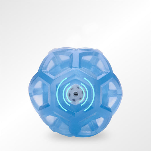 Translucent blue multi-faceted pet toy ball with an internal mechanism, measuring 6.4cm in diameter. - Image 3