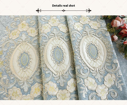 Blue sheer curtain with intricate gold and dark blue embroidery in a European classical style, draped over a window. - Image 19