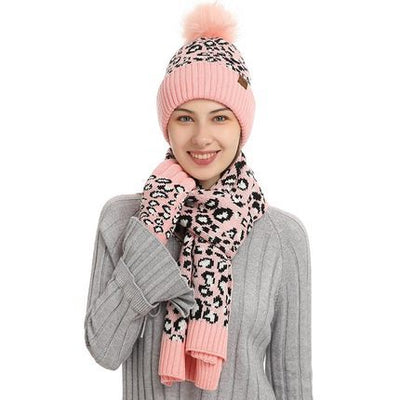 Conjunto de Invierno 3 Piezas: Gorro, Bufanda y Guantes en Lana Tejida Estampado Leopardo - Image 11