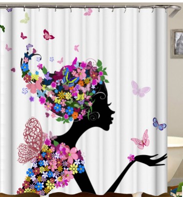 African girl digital print shower curtain featuring an abstract purple design with a woman wearing a large floral headdress. - Image 5