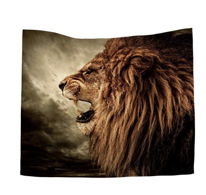 Roaring lion tapestry with a dramatic stormy sky background. The lion's head is in profile, mouth open.