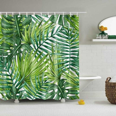 Tropical shower curtain with a vibrant green leaf print, including monstera and palm leaves, on a white background. - Image 12