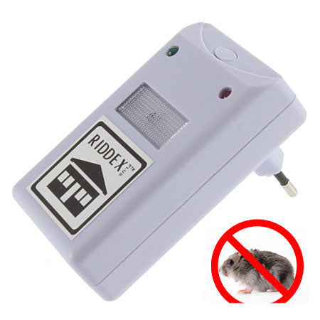 White electronic mouse repeller with a European standard two-pin plug, designed for wall outlet use.