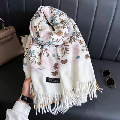 Bufanda de Cachemira Bordada Otoño Invierno con Borlas Florales - Image 13