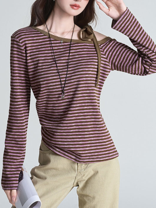 Blusa Slim Rayas Moradas con Hombros Descubiertos Manga Larga - Image 11