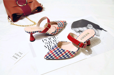 Sandalias de Tacón Alto Estilo Coreano con Diseño Cuadros - Pantuflas Puntiagudas para Mujer - Image 6