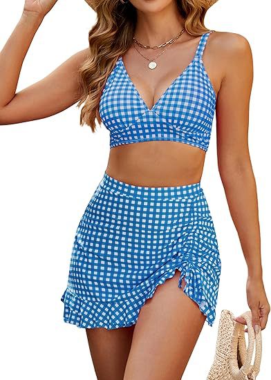 Black and white gingham two-piece swimsuit with a V-neck bikini top and a high-waisted ruched swim skirt. - Image 32
