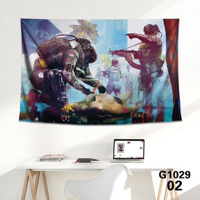 Cyberpunk 2077 tapestry featuring V and Jackie Welles with a neon-lit futuristic city skyline background. - Image 24