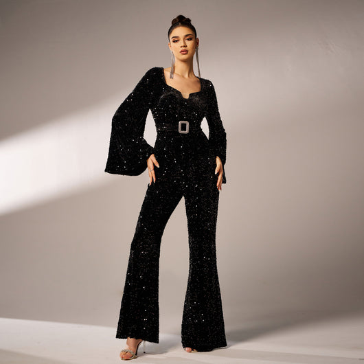 Jumpsuit de Fiesta Largo con Lentejuelas, Cuello Cuadrado y Ajuste Ceñido - Image 2