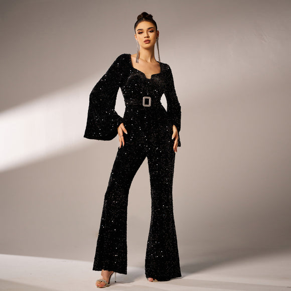 Jumpsuit de Fiesta Largo con Lentejuelas, Cuello Cuadrado y Ajuste Ceñido