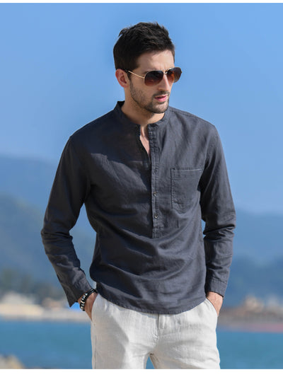 Camisa Casual de Lino y Algodón con Cuello Mao para Hombre - Image 5