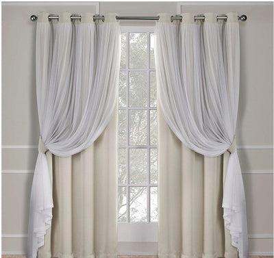 Dark blue double layer shading curtains with white sheer lace overlays, hung on a silver grommet rod. - Image 22