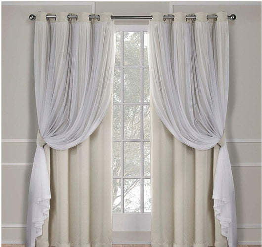 Dark blue double layer shading curtains with white sheer lace overlays, hung on a silver grommet rod. - Image 22