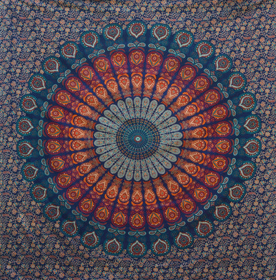 Blue, orange, and red mandala tapestry with intricate floral patterns, ideal for wall decor or dorm rooms. - Image 4