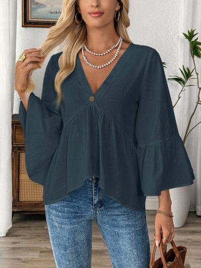 Blusa Cuello V con Mangas Volantes en Colores Sólidos - Image 31