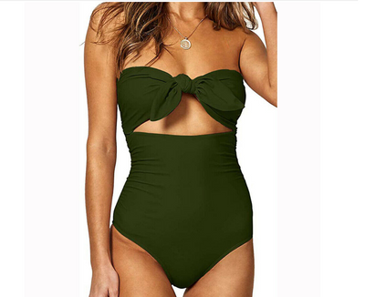 Bright yellow one-piece swimsuit with a strapless bandeau top, front tie-knot, and a cutout detail. - Image 6