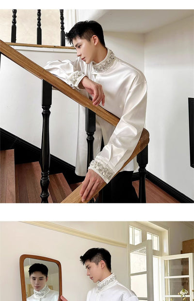 Camisa de Satén Elegante para Hombre con Cuello Mao y Detalles de Lentejuelas Brillantes - Image 18