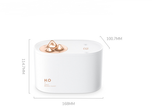 White portable humidifier with rose gold mountain-shaped mist outlet, 1000ml capacity, and compact design. - Image 12