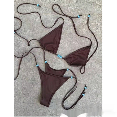 Simple women's brown separated swimwear with triangle top and thong bottom, featuring lace-up ties and light blue beads. - Image 7