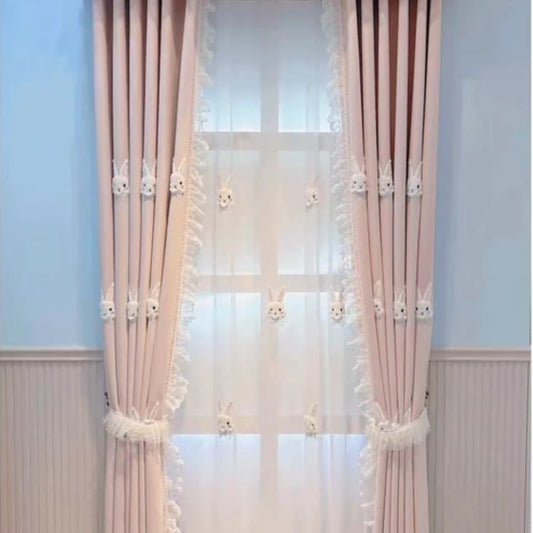 Pink curtains with white plush rabbit appliques, paired with a sheer white inner curtain also featuring rabbit designs. - Image 2
