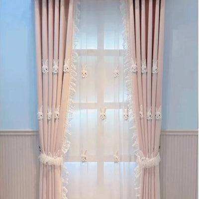 Pink curtains with white plush rabbit appliques, paired with a sheer white inner curtain also featuring rabbit designs. - Image 2