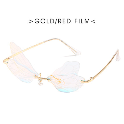 Dragonfly wing sunglasses with gold metal frames and unique brown tinted rimless lenses, suitable for adults. - Image 20