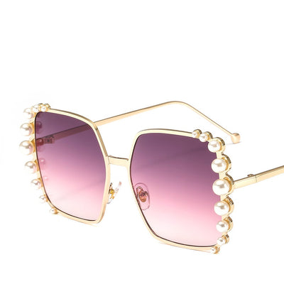 Oversized hexagonal sunglasses with gold-tone metallic frames, light pink lenses, and faux pearl embellishments. - Image 6