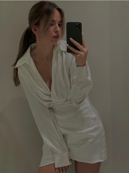 Vestido Blanco de Manga Larga Diseño Francés para Mujer