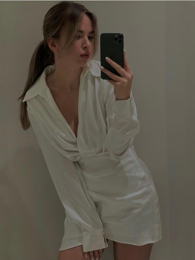 Vestido Blanco de Manga Larga Diseño Francés para Mujer