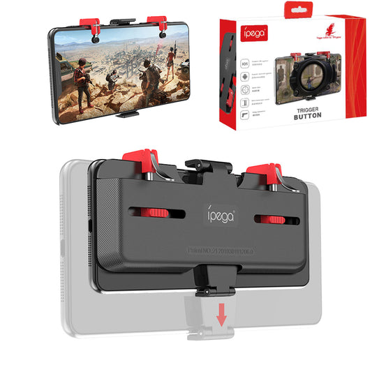 Black ipega mobile phone game controller with red trigger buttons attached to a smartphone playing a battle royale game.