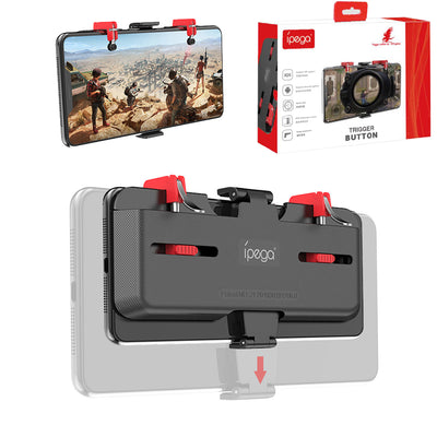 Black ipega mobile phone game controller with red trigger buttons attached to a smartphone playing a battle royale game.