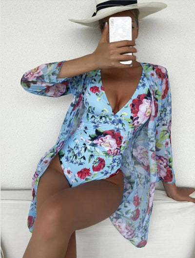Traje de Baño Tres Piezas con Estampado Botánico Plisado - Image 4