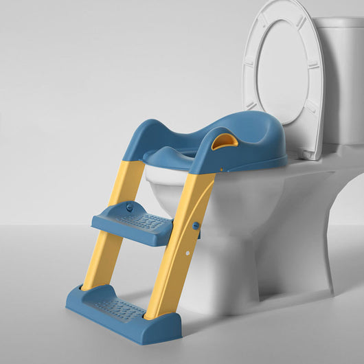 Gray and white children's toilet training seat with a two-step ladder, shown on a white adult toilet. - Image 7