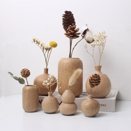 Jarrón de Madera Maciza Estilo Japonés con Flores Secas Decorativas