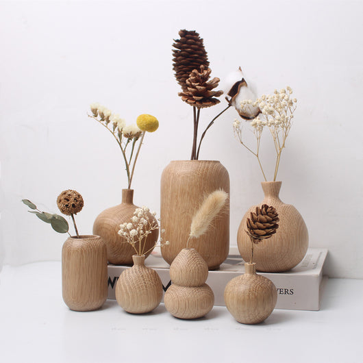 Jarrón de Madera Maciza Estilo Japonés con Flores Secas Decorativas