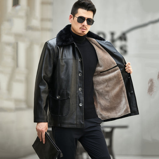 Abrigo de Cuero PU con Cuello de Piel para Hombre Maduro - Image 3