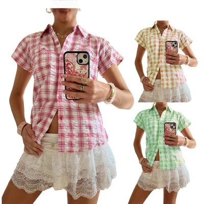 Camisa Cuadros Mujer Manga Corta Suelta Versátil - Image 4