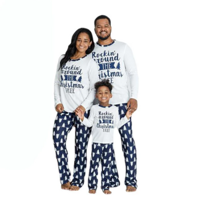 Family matching Christmas pajamas: white long-sleeve tops with 'Rockin' around THE Christmas TREE' text and blue pants with white Christmas tree patterns for da - Image 7