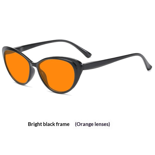 Retro cat-eye sunglasses with bright black frames and yellow night vision lenses on a white background. - Image 7