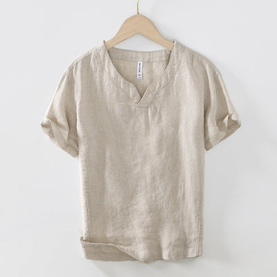 Camiseta de Lino con Cuello en V - Manga Corta Estilo Retro - Image 4