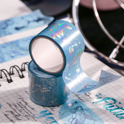 Retro laser washi tape with holographic postal stamps, airmail markings, and travel-themed text on a brown background. - Image 6