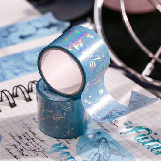 Retro laser washi tape with holographic postal stamps, airmail markings, and travel-themed text on a brown background. - Image 6