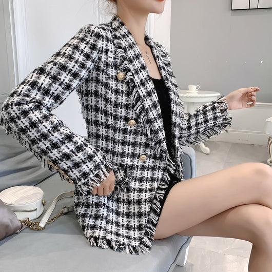 Blazer de Cuadros de Lana Abrochado Doble para Mujer - Largo Medio - Image 3