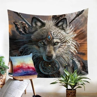 Wolf Warrior Wall Tapestry featuring a detailed wolf head with tribal markings, a dreamcatcher, and spears. - Image 4