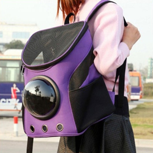 Blue and black pet carrier backpack with a clear bubble window, mesh sides, and ventilation holes, carried by a person outdoors. - Image 5